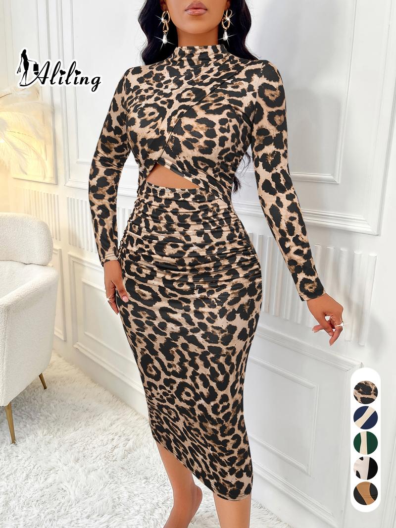 Aliling&nbsp;Women's Colorblock Print Cut Out Bodycon Dress, Elegant Fashion Casual Long Sleeve Dress for Daily Outdoor Wear, Women Dress for Spring Fall