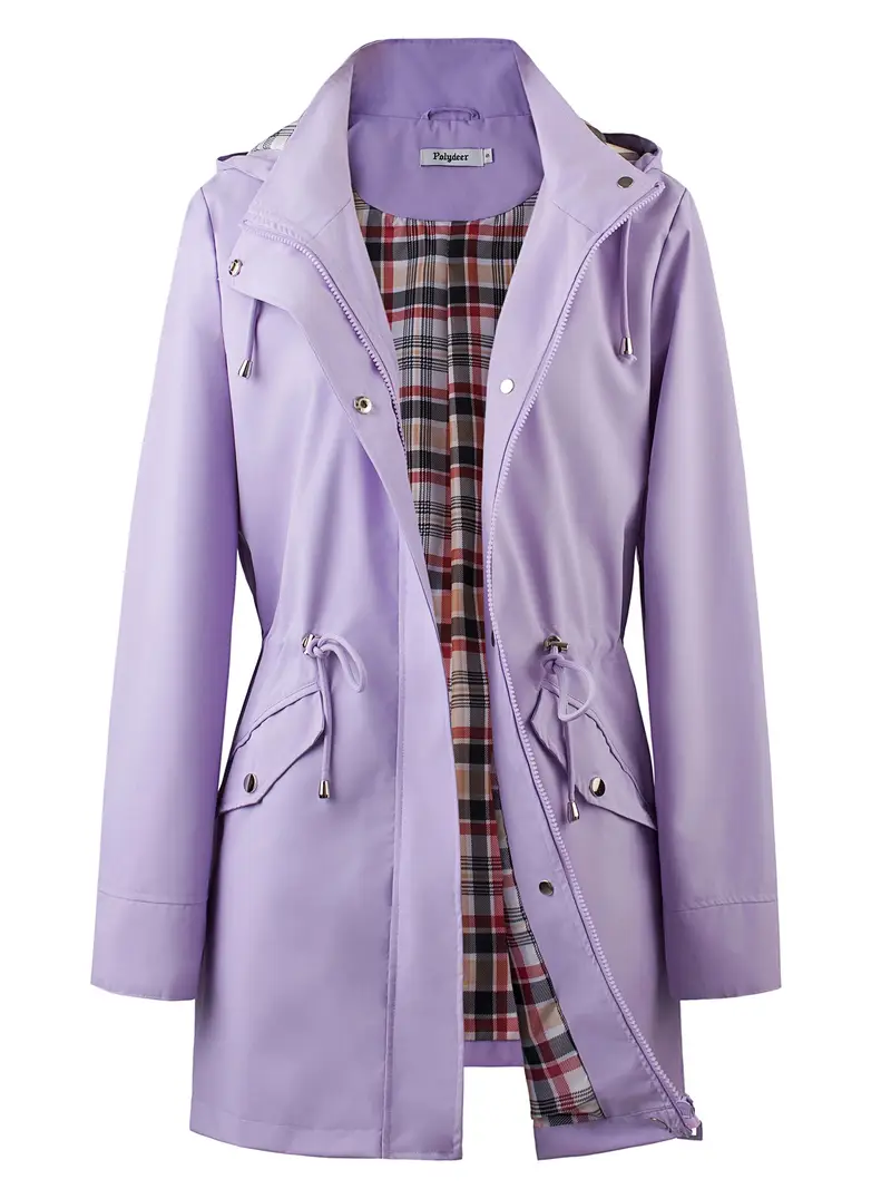 womens beige hooded zip up trench coat with drawstring waist multiple pockets casual long sleeve jacket for fall winter machine washable Product details 0