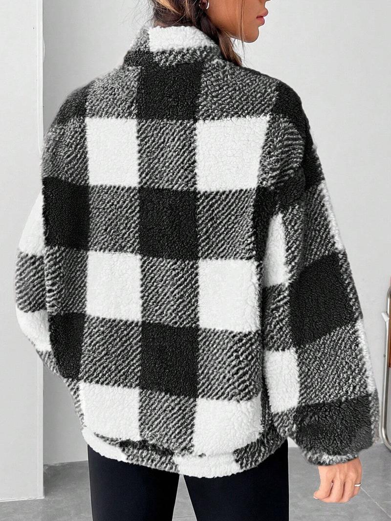 Women's Plaid Print Half Zip Drop Shoulder&nbsp;Fleece&nbsp;Sweatshirt, Casual Long Sleeve Stand Collar Pullover for Spring & Fall, Ladies Clothes for Daily Wear