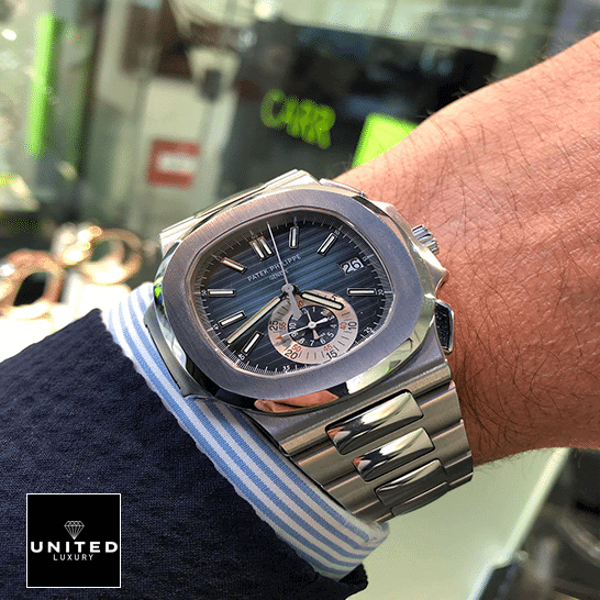 Patek Nautilus Blue Silver Replica 1 Patek Philippe 59801 Steel Bracelet Blue Replica on the man wrist