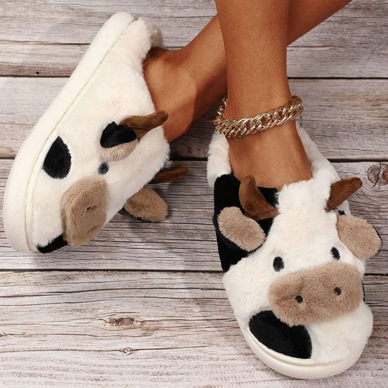 Cozy Cotton Cow Slippers for Women - Cute Animal Bedroom Shoes Winter Indoor Outdoor Slippers for Women