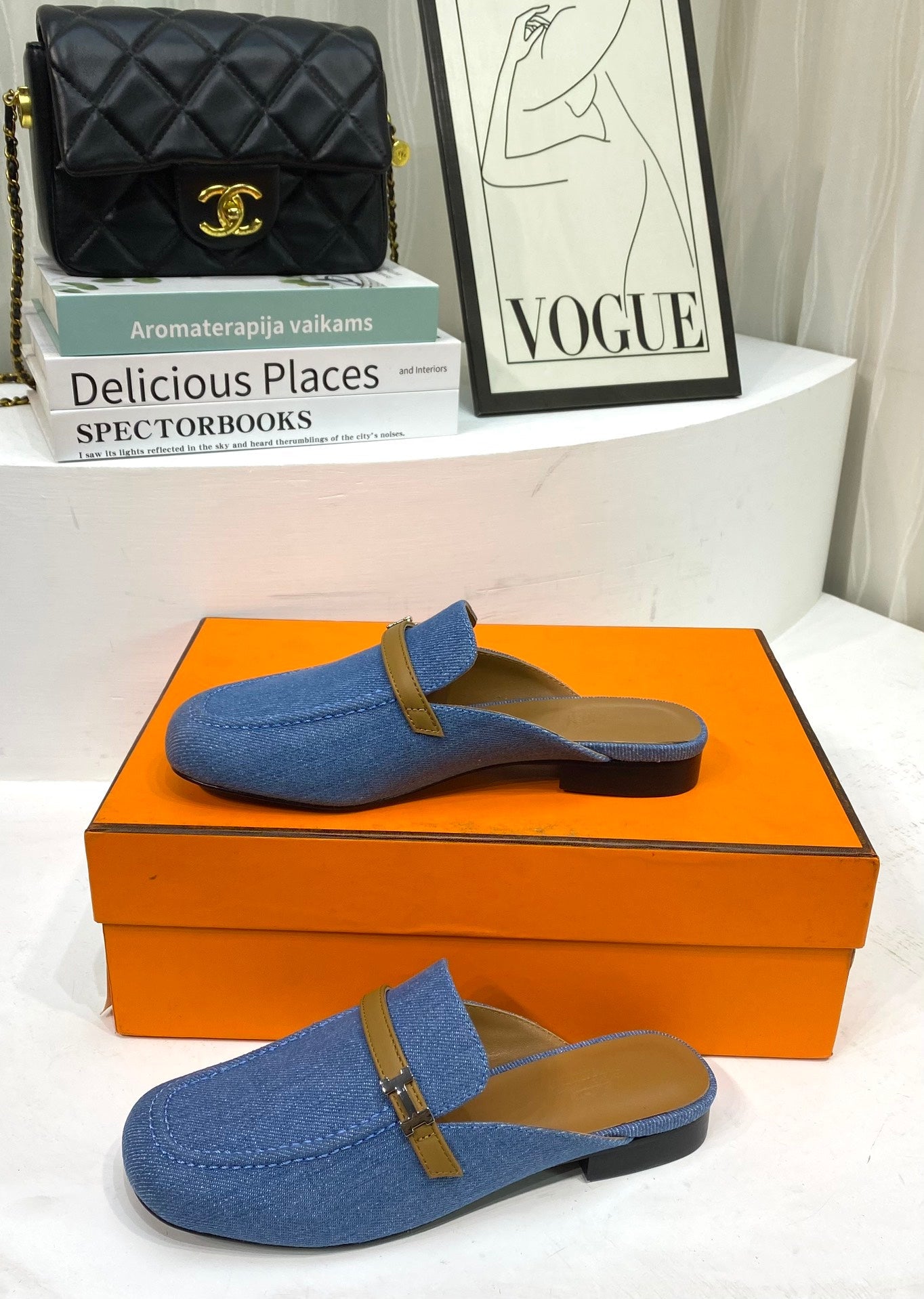 IENA MULE LAPIS CANVAS AND CARAMEL CALFSKIN、mysite、Cacoeks