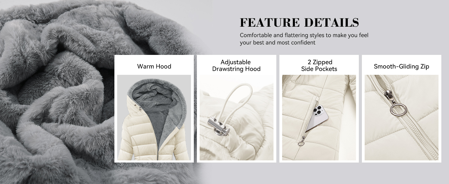 Feature details diagram showing four steps of product usage on a gray background with simple line illustrations.