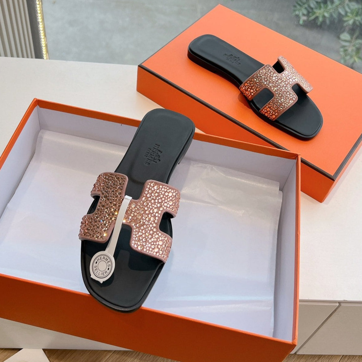 0RAN SLIDE IN PENNY BROWN CALFSKIN WITH CRYSTALS、mysite、Cacoeks