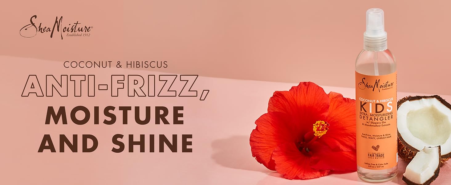 SheaMoisture Kids Detangler bottle with coconut pieces and hibiscus flower on light pink background