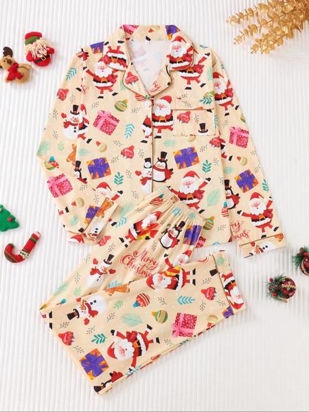 Women's Christmas Pajama Set, Santa Claus Print Long Sleeve Sleepwear, Lightweight Button-Up Top & Pants, Casual Fitted Nightgown