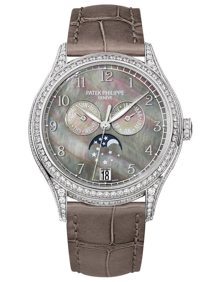 Audemars Piguet Complications Ref 4948G-001 in White Gold with Diamond Bezel on Brown Crocodile Strap with Mother of Pearl Dial-fasswatch