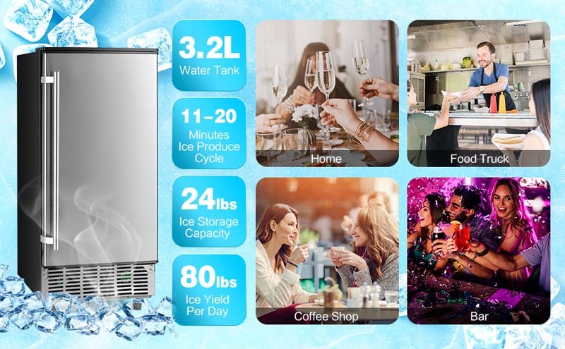 Eletriclife 80lbs Per Day Commercial Ice Maker with 25 LBS Ice Bin and Drain Pump
