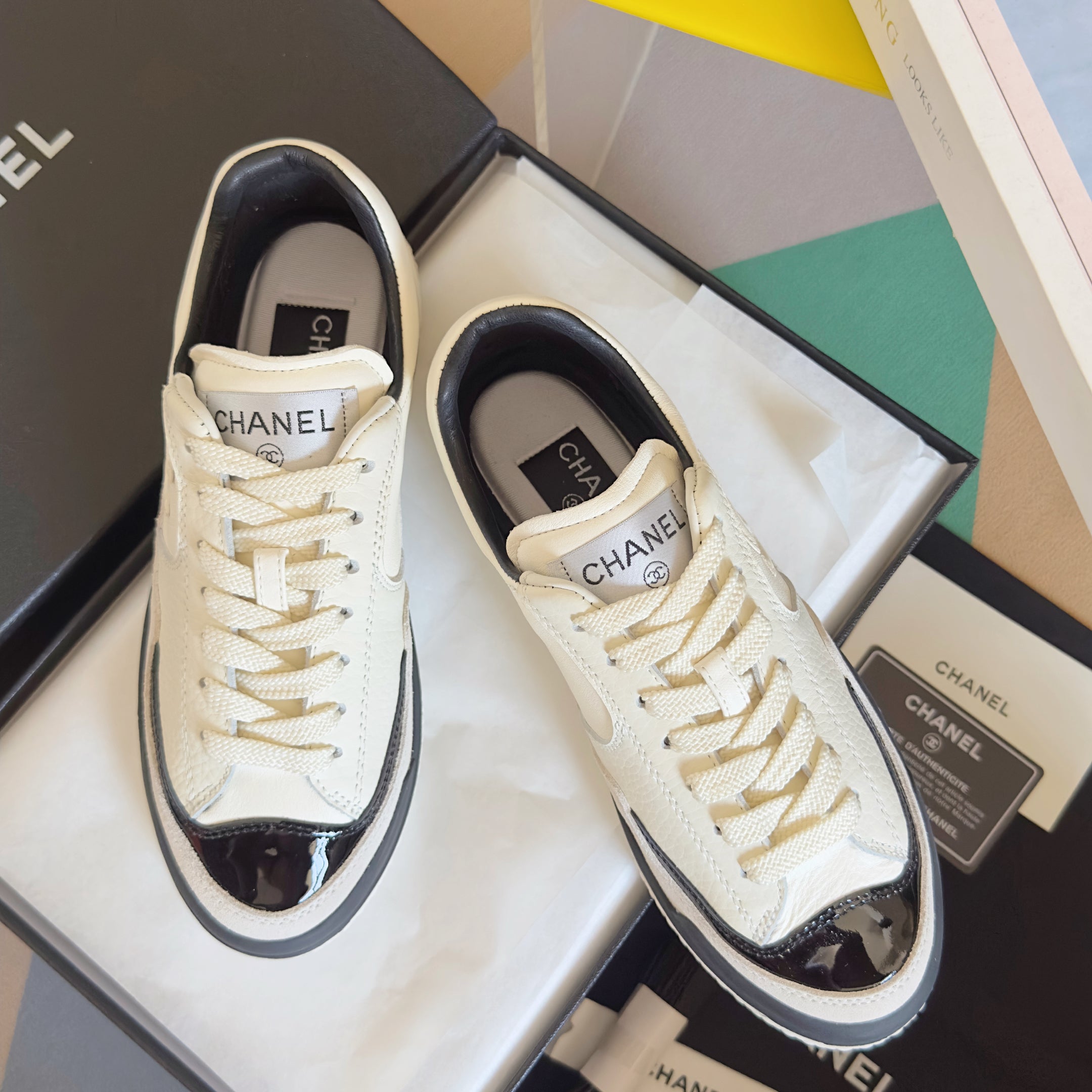 CHANEL 25S SNEAKERS WITH PATENT TOE 20MM IN WHITE CALFSKIN、mysite、Cacoeks