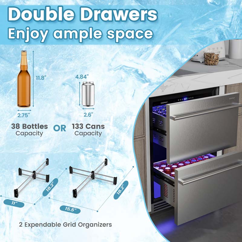 Eletriclife 24 Inch Under Counter Dual Drawer Fridge with 37℉-64℉ Temperature Range