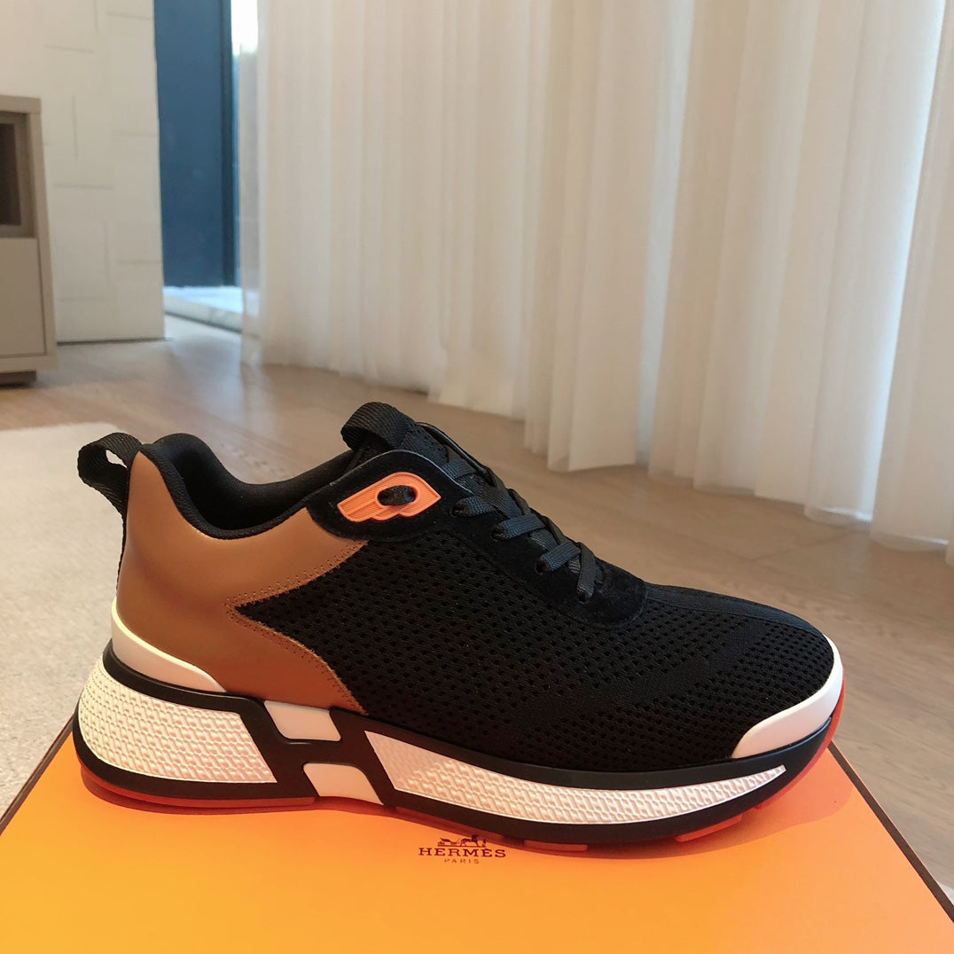 HEROS SNEAKER IN BLACK BREATHABLE MESH FABRIC AND BRONZE BROWN CALFSKIN、mysite、Cacoeks