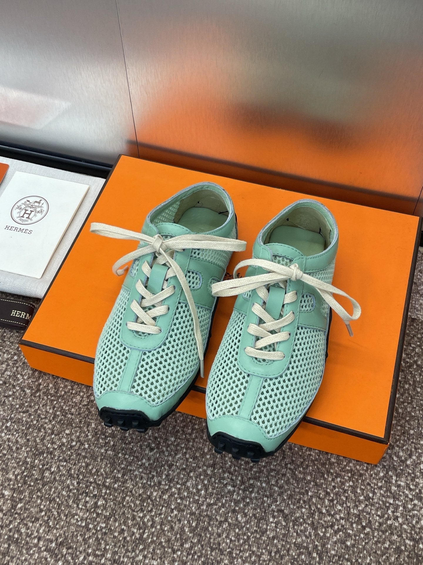 KIGA SNEAKER IN GREEN MINT CROCHET KNIT AND CALFSKIN、mysite、Cacoeks