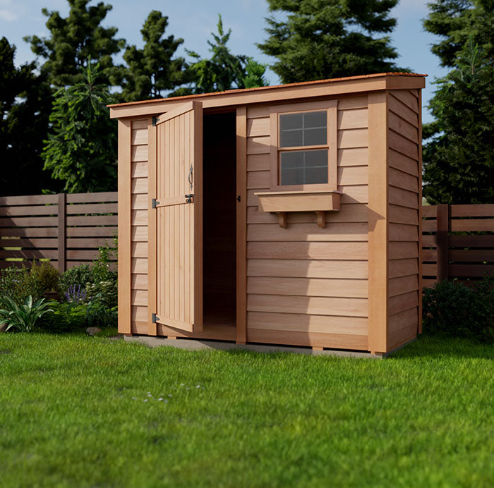 Outdoor Living Today SpaceSaver 8x4 shed with the single door open, showcasing storage capacity and wood construction