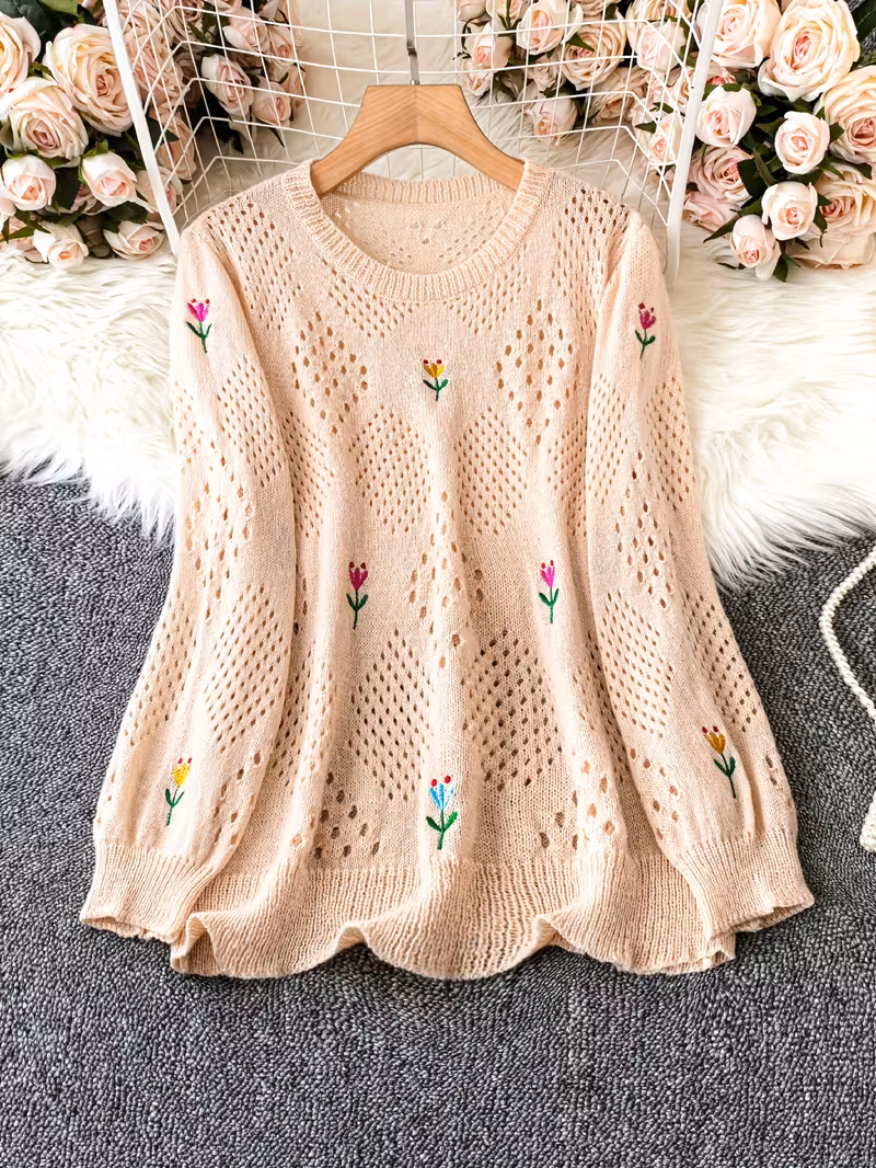 plus size floral embroidery sweater casual cut out long sleeve crew neck sweater for spring womens plus size clothing Product details 21