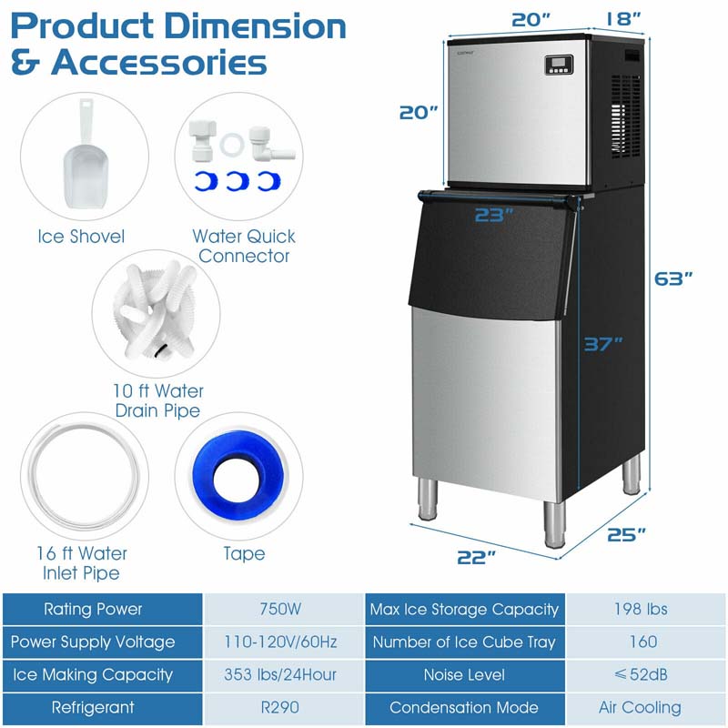 Eletriclife 353LBS/24H Split Commercial Ice Maker with 198 LBS Storage Bin