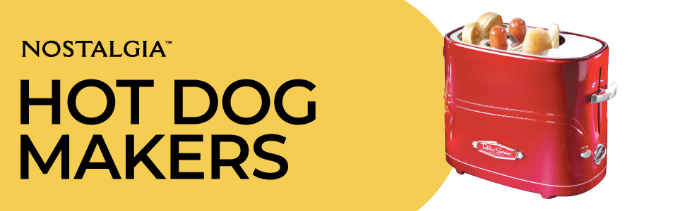 Nostalgia Hot Dog Makers on yellow background with red hot dog and bun toaster featured