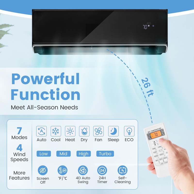 Eletriclife 12000 BTU 22 SEER2 208-230V Wifi Enabled Mini Split Air Conditioner and Heater with Alexa