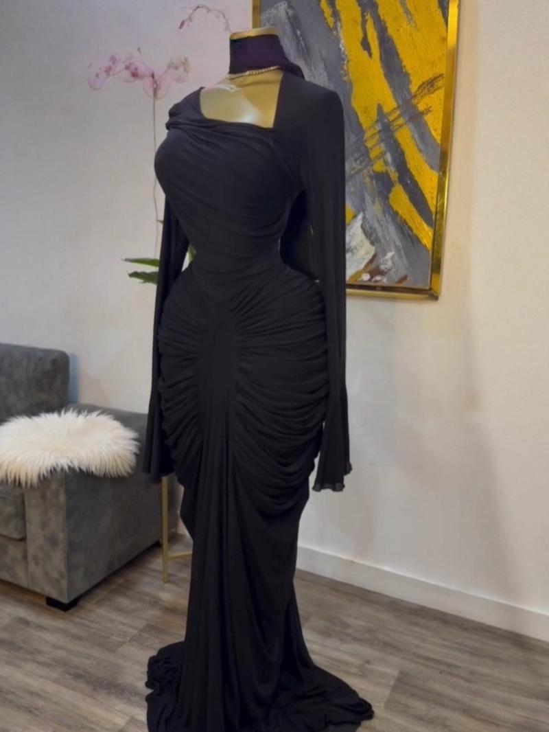 PULKRITU Women's Asymmetrical Neckline Flared Long Sleeve Ruffled Stacked Dress, Autumn Birthday Party Sexy Evening Gown with Scarf Bodycon Midi Ruched Side Maxi Dresses, Trendy Education Holiday Long Dresses, Fashion Streetwear Clothing, Floor Length Dre