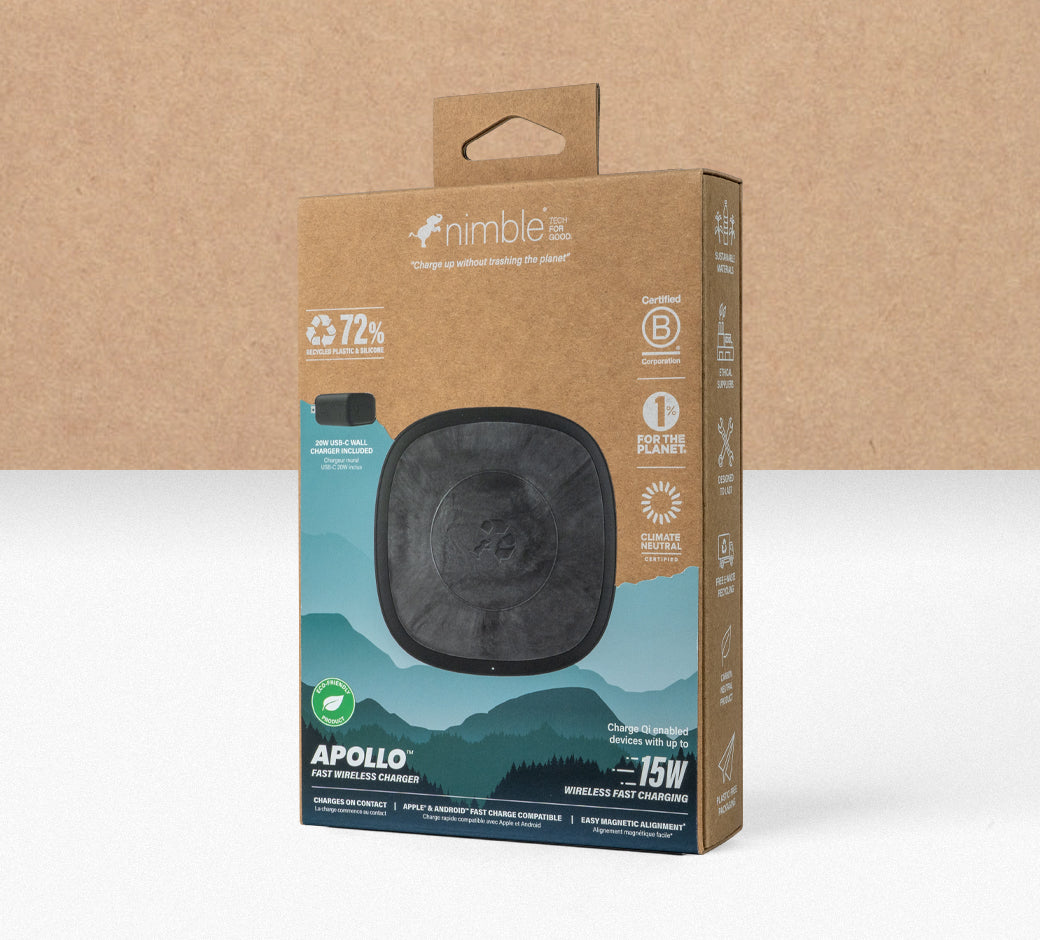 Nimble Apollo wireless charger box made from 72% recycled materials, displayed on a plain background.