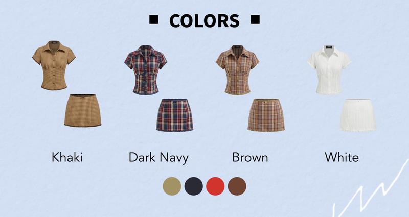 Cider Cotton Plaid Collar Short Sleeve Blouse & Mid Rise Lace Trim Bowknot Mini Skirt Set