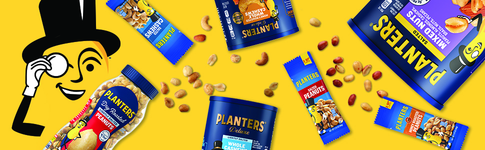 Birds eye view of Planters nuts with Mr. Peanut on yellow background