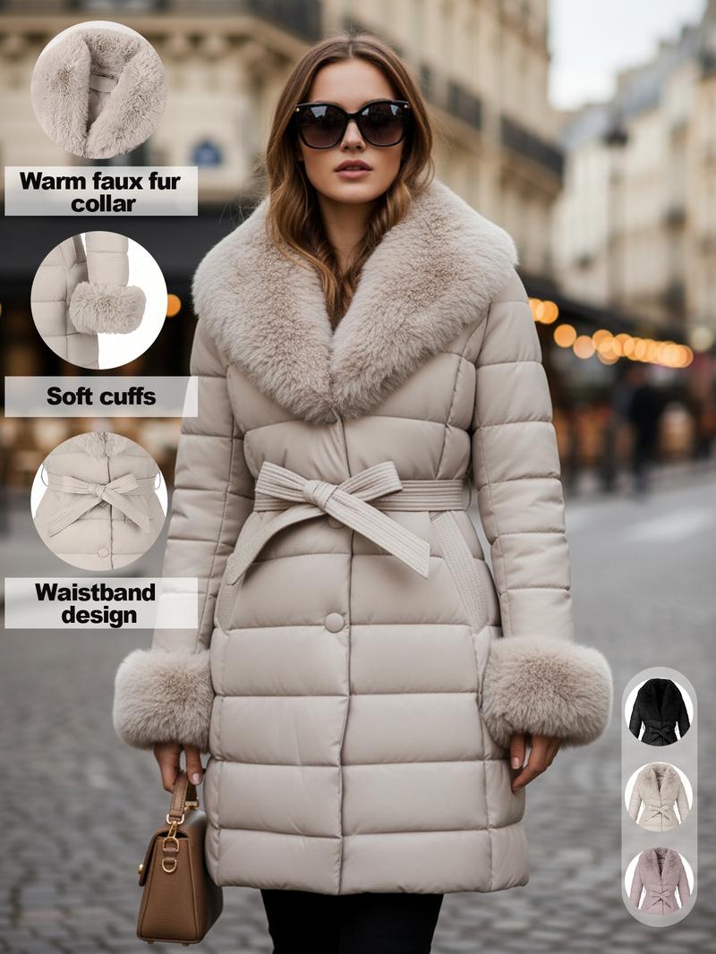 Women's Casual Outdoor Commuter Jacket with Faux Fur Collar, Warm Fashionable Leisure Wear, Includes Belt, Fall & Winter Thick Woven Fabric