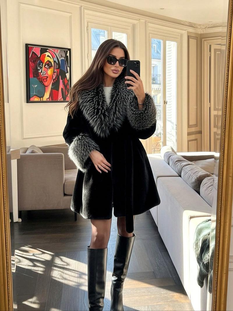 Women's Belted Faux Fur Coat, Winter Fashion Long Sleeve Coat with Pocket, Casual Warm Outerwear, Stylish Daily Wear, Perfect for Cold Weather