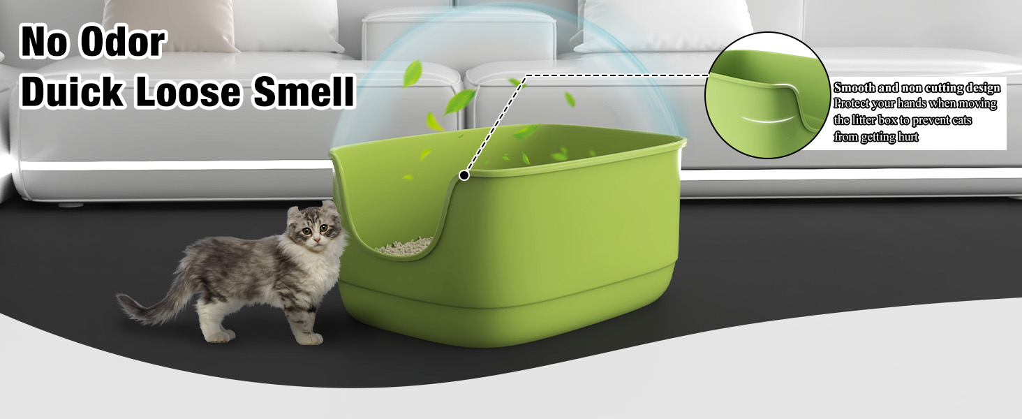 Text reads 'No Odor Quick Loose Smell'. Green-colored pet litter box or container with circular ventilation indicator and small cat shown.