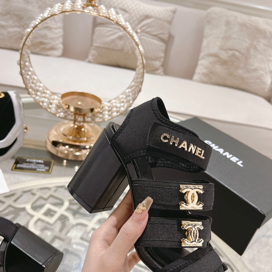 Double C Xiaoxiang Chain Fabric Head Chunky Heel Sandals Black Lambskin、mysite、Cacoeks