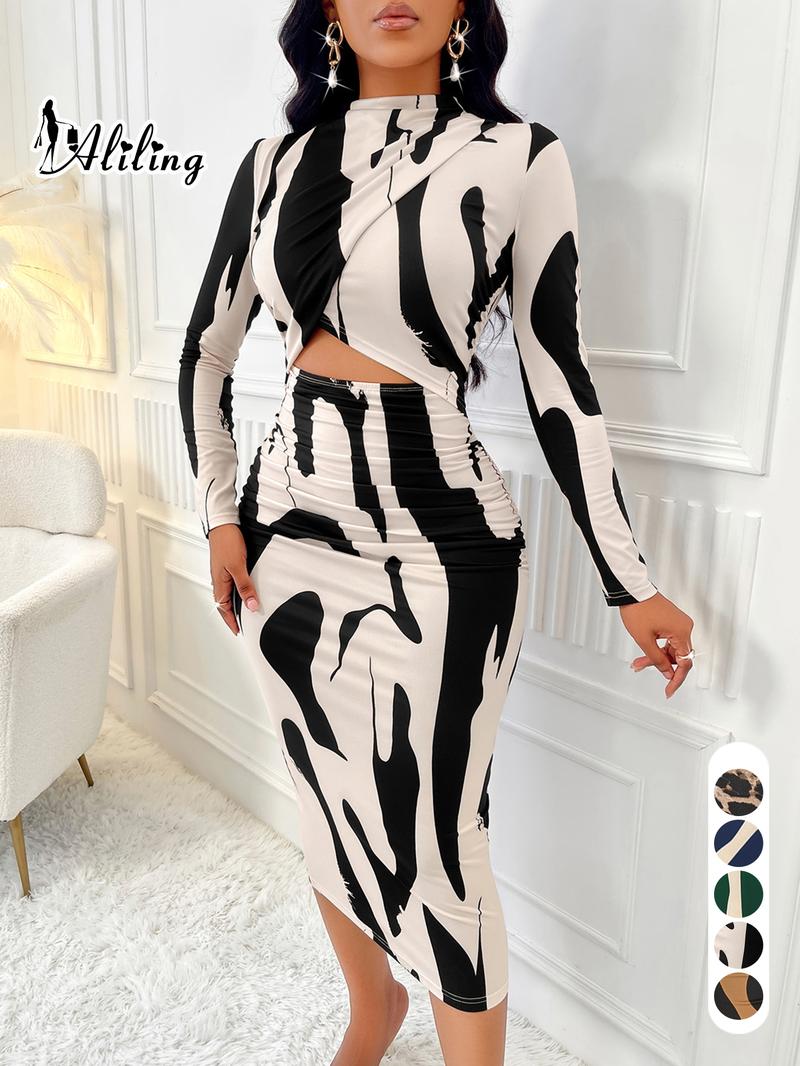 Aliling&nbsp;Women's Colorblock Print Cut Out Bodycon Dress, Elegant Fashion Casual Long Sleeve Dress for Daily Outdoor Wear, Women Dress for Spring Fall