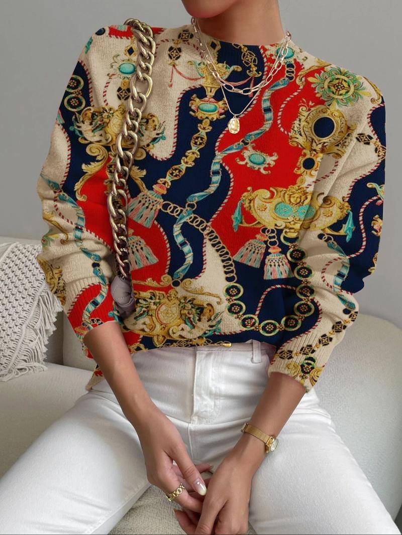 Women's Colorful Geometric Pattern Stand Collar Sweater, Fall Winter Casual Long Sleeve Knitwear, Comfortable Warm Daily Wear