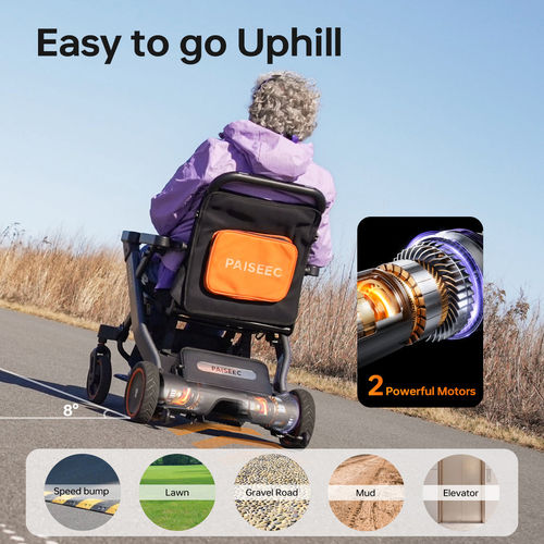 User-friendly electric wheelchair designed for uphill travel with powerful dual motors