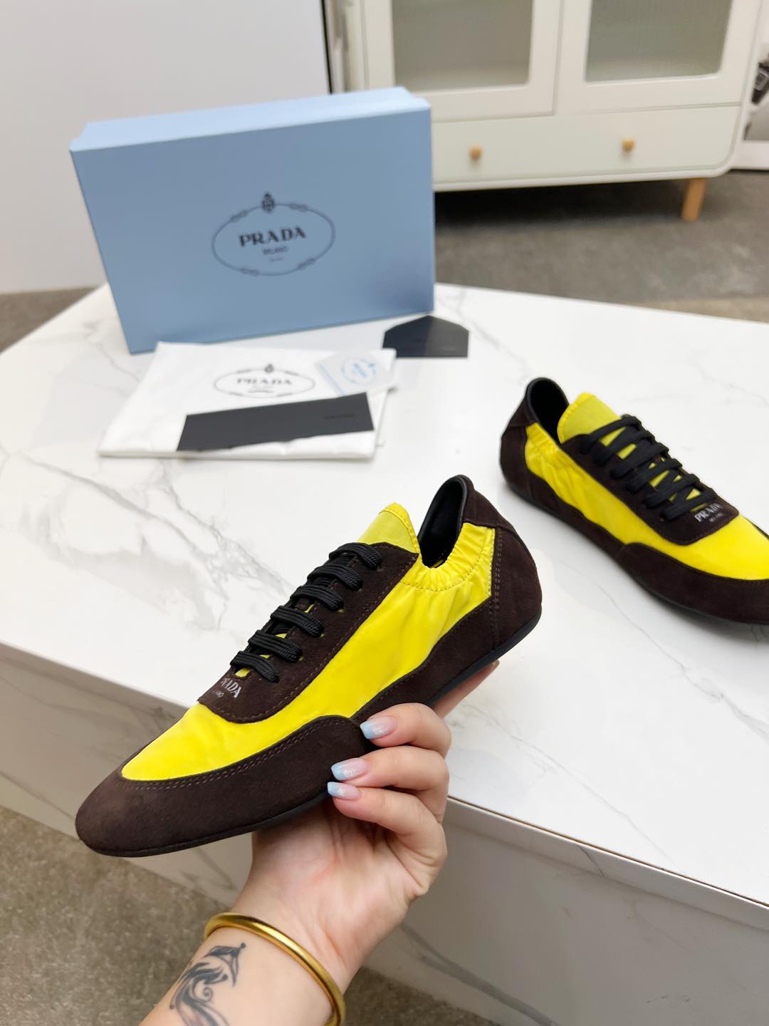 COLLAPSE SNEAKERS IN CHOCOLATE SUEDE AND YELLOW NYLON、mysite、Cacoeks