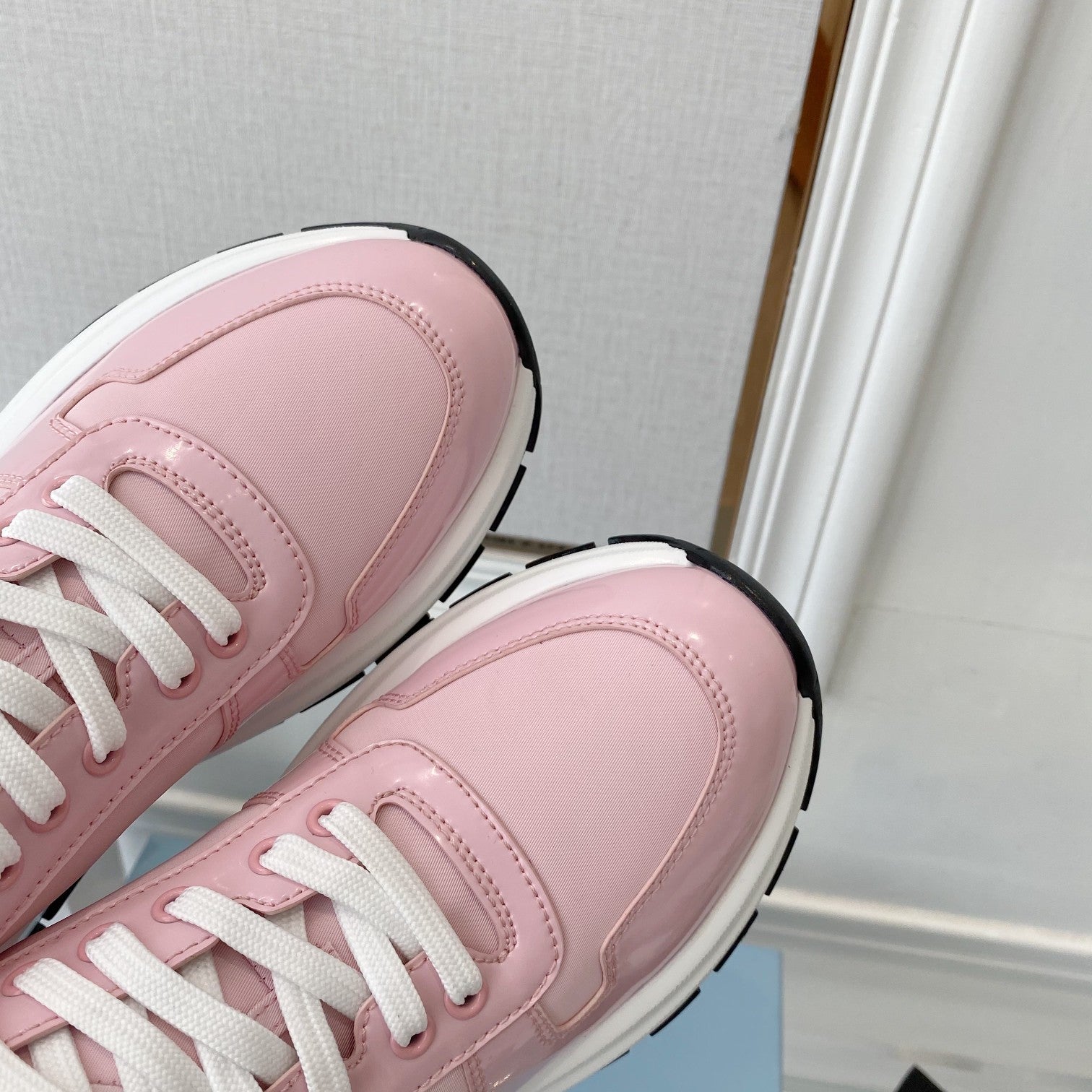 PRADA 25S THICK SOLE SNEAKER IN LIGHT PINK CALFSKIN AND CANVAS、mysite、Cacoeks