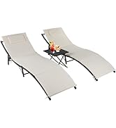 FDW Patio Furniture 3 Pieces Adjustable Portable Outdoor Rattan Lounge Chair Set of 2, Foldable T...