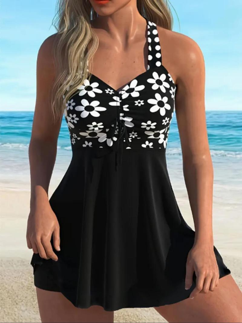 Women's Plant Print V-Neck Swimdress & Bottom Set, Casual Sleeveless Tankini Top & Shorts Two-piece Swimsuit for Beach Holiday Vacation, Ladies Swimwear for All Seasons