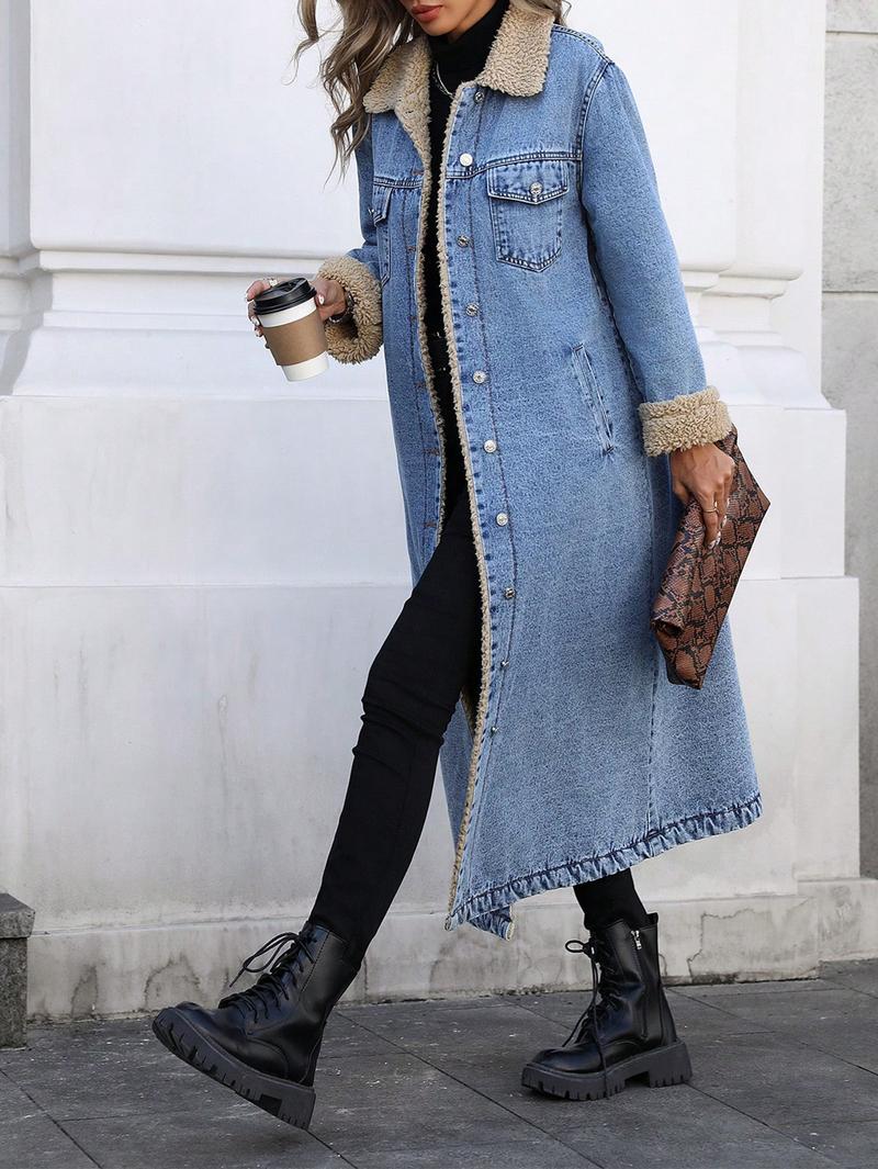 Women's Long Denim Jacket With Fleece Lining, Elegant Single-Breasted Design, Perfect For Winter