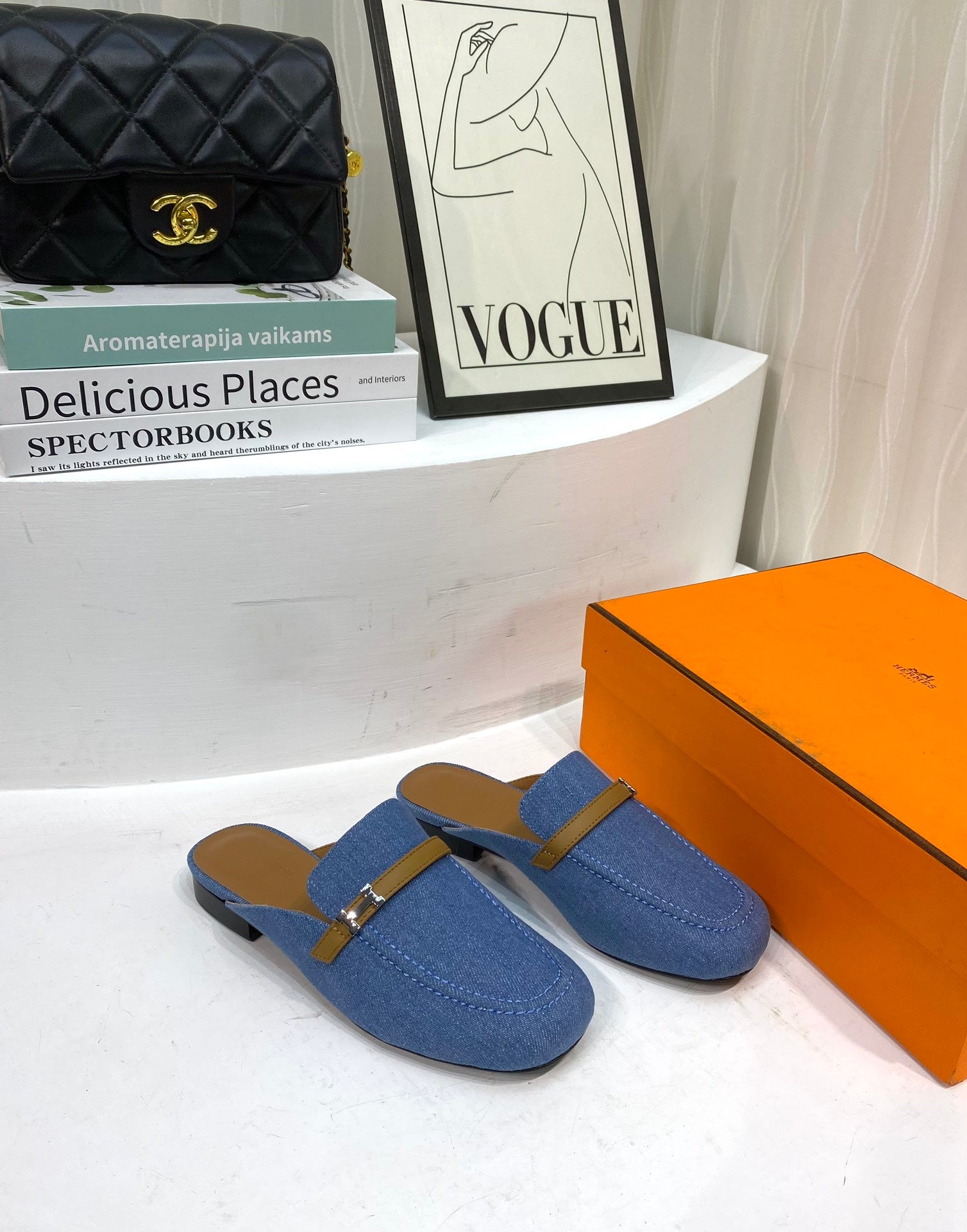 IENA MULE LAPIS CANVAS AND CARAMEL CALFSKIN、mysite、Cacoeks