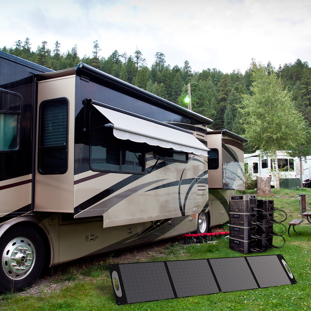 Depicts the 2200 Grid Doctor system (along with seven 2200XP batteries) being used to power an RV.