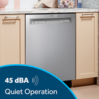 A wide, angled view of the dishwasher in a quiet, peaceful kitchen.
