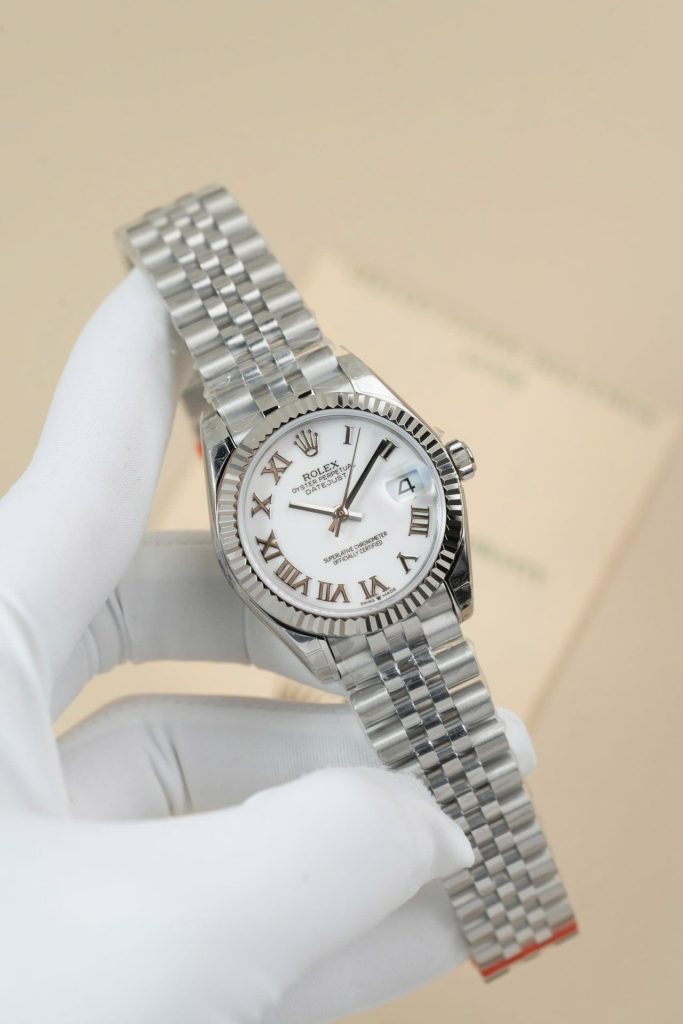 Đồng Hồ Rolex DateJust Lady Fake 11 Mặt Trắng Cọc Số La Mã 31mm (2)