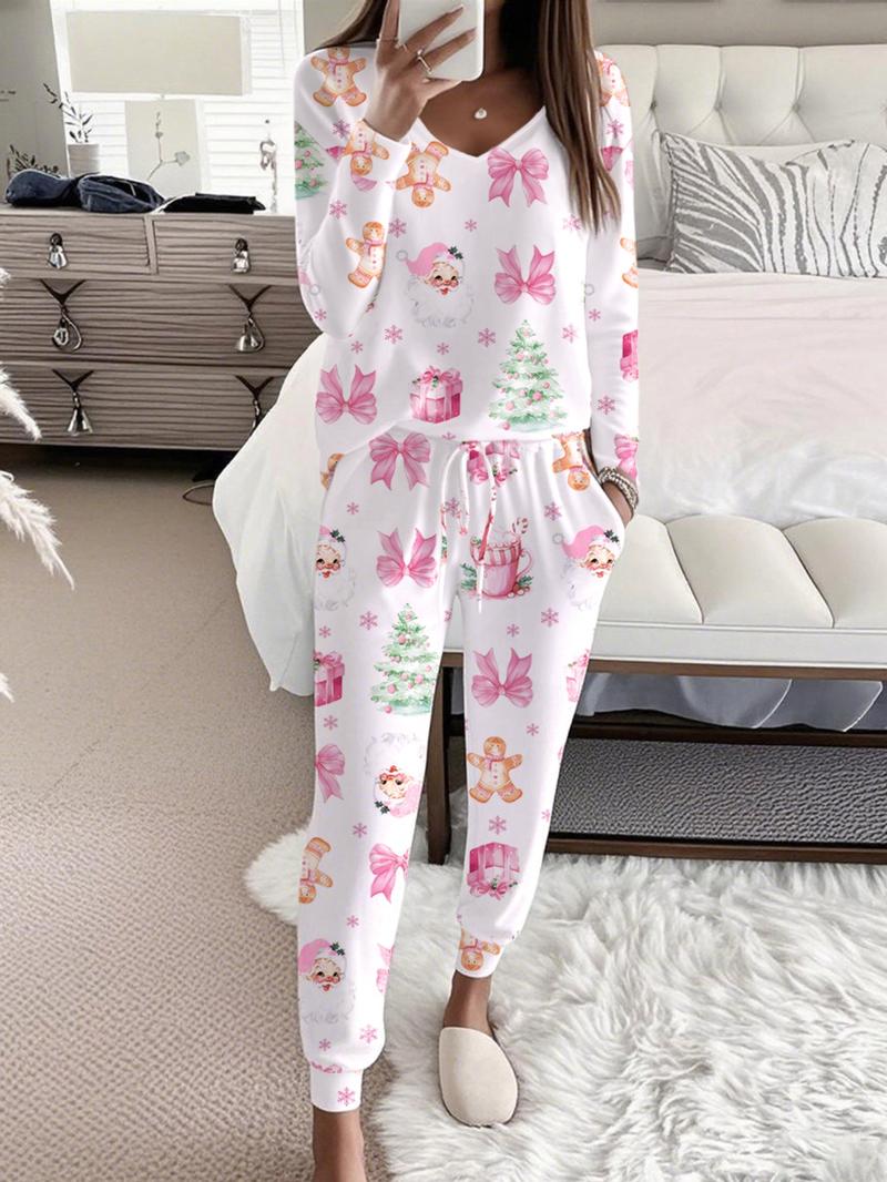 Women's Christmas Print Casual Set, Long Sleeve V Neck Top & Belted Pants, Ladies Homewear & Pajamas, Spring & Fall Fashion