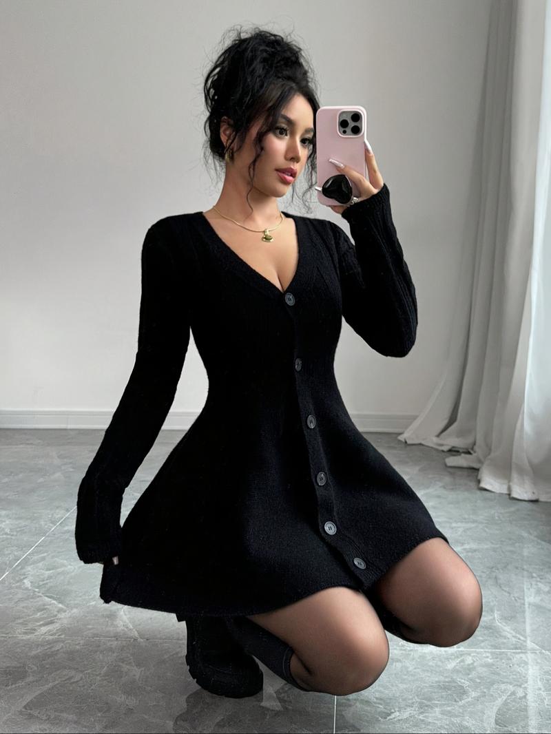 Women’s New V Neck Knitted Dress with Button Details, Long Sleeve Short Waist A-Line Skirt for Casual and Stylish Looks