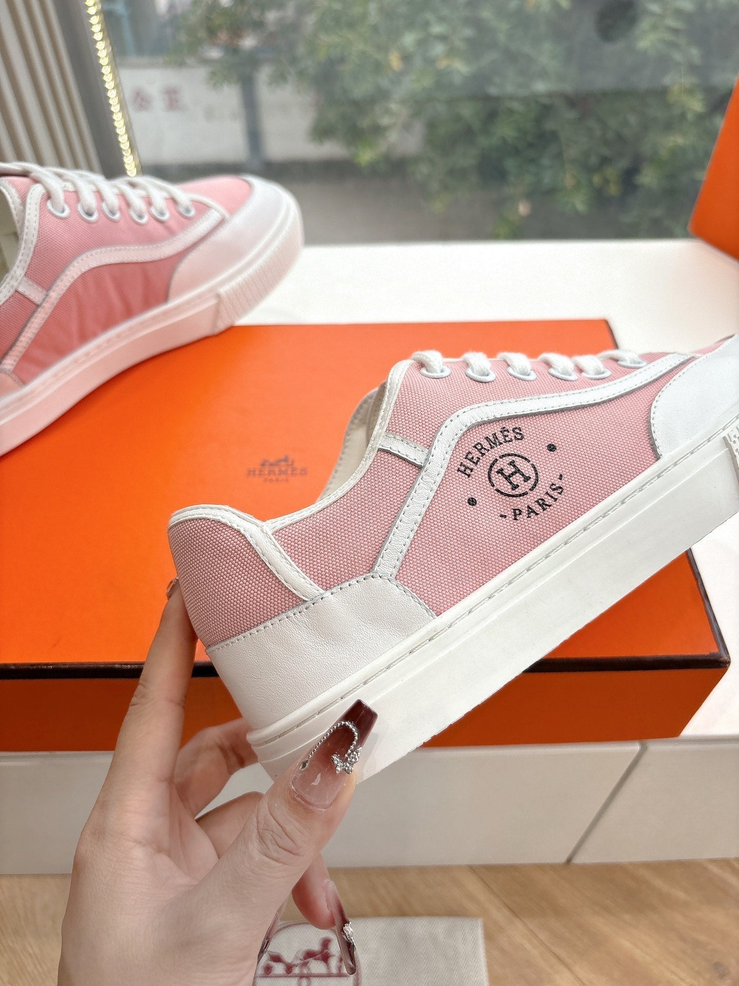 GET SNEAKER IN ROSE PINK MAXI CANVAS AND WHITE CALFSKIN、mysite、Cacoeks