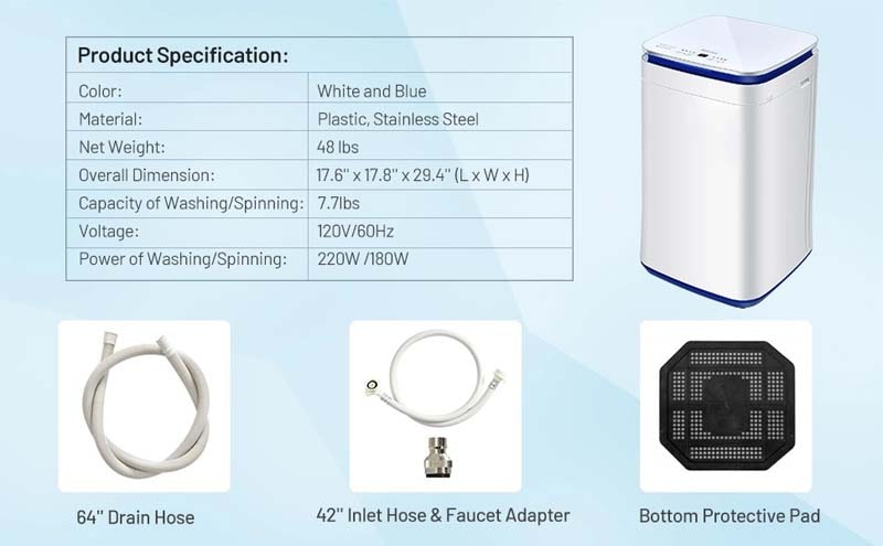 Eletriclife 7.7 lbs Full Automatic Washing Machine with Heating Function Pump