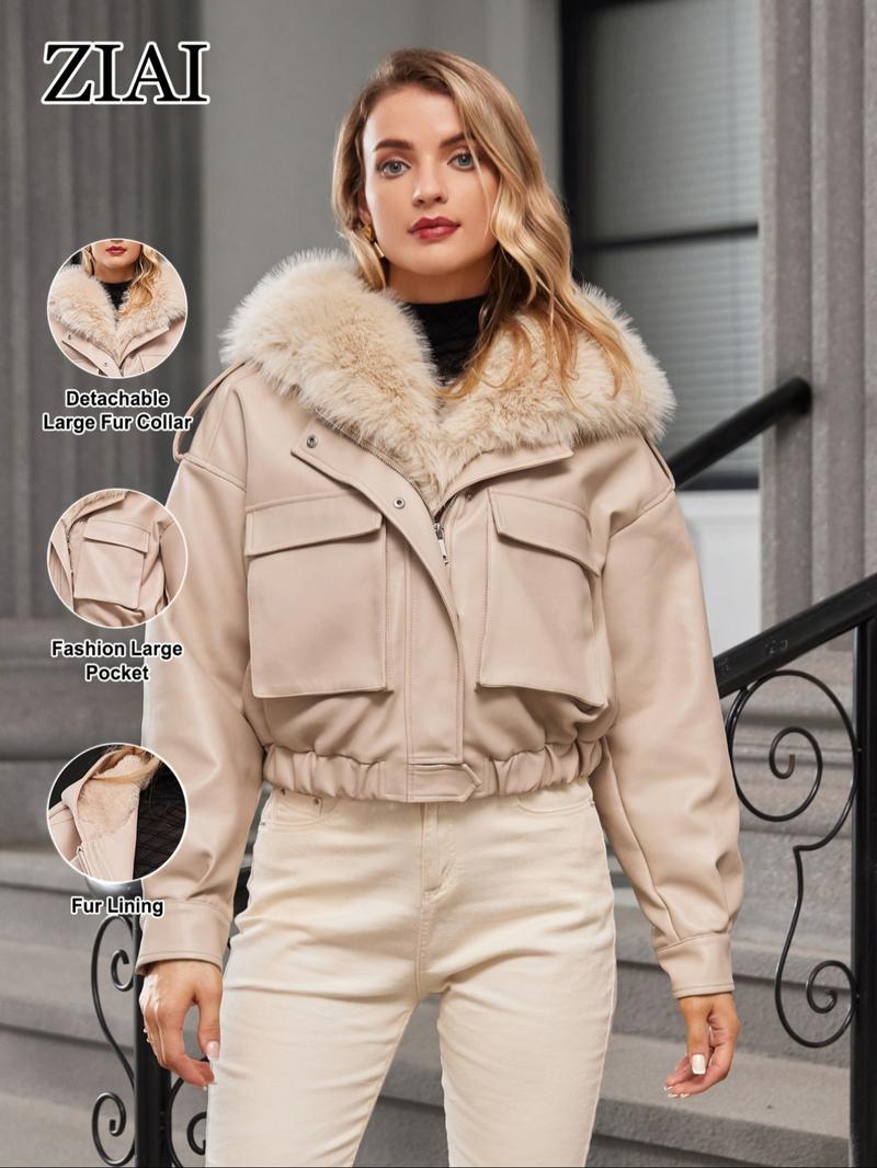 Women's Contrast Faux Fur Trim Hooded Jacket, Casual Long Sleeve Zipper Button Front Pocket Outerwear for Fall & Winter, Women's Clothing for Daily Wear