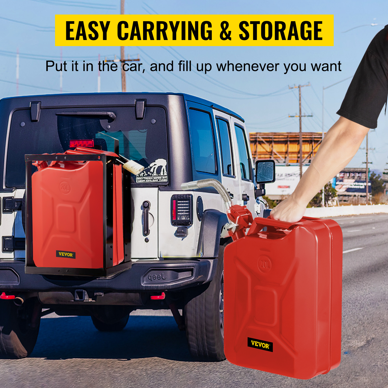 person carrying a VEVOR jerry can with a mounted one on a jeep, showcasing easy storage and transport.