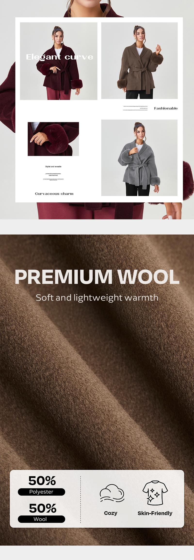 Women's Elegant Solid Color Waist Tie Plush Long Sleeve Thermal Wrap Coat