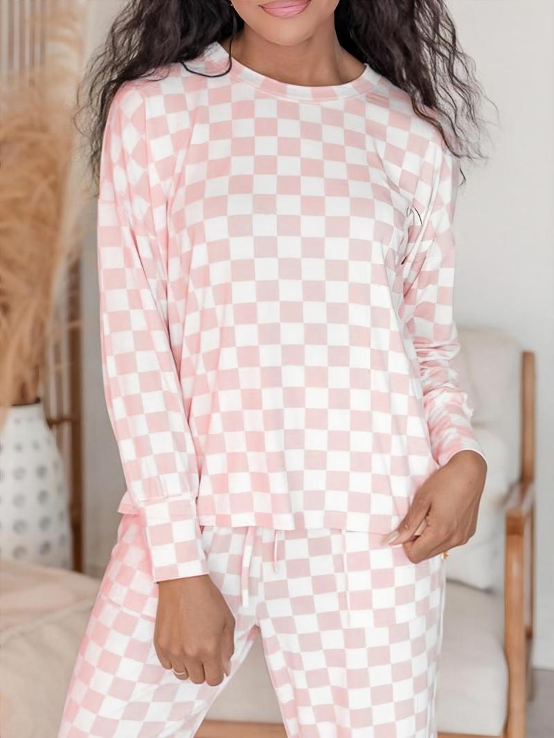 Two-Piece Set Women's Checkerboard Print Long Sleeve Tee & Drawstring Waist Pants Pajama, Casual Comfy Round Neck Top & Pocket Trousers PJ Set, Ladies Sleepwear for All Seasons