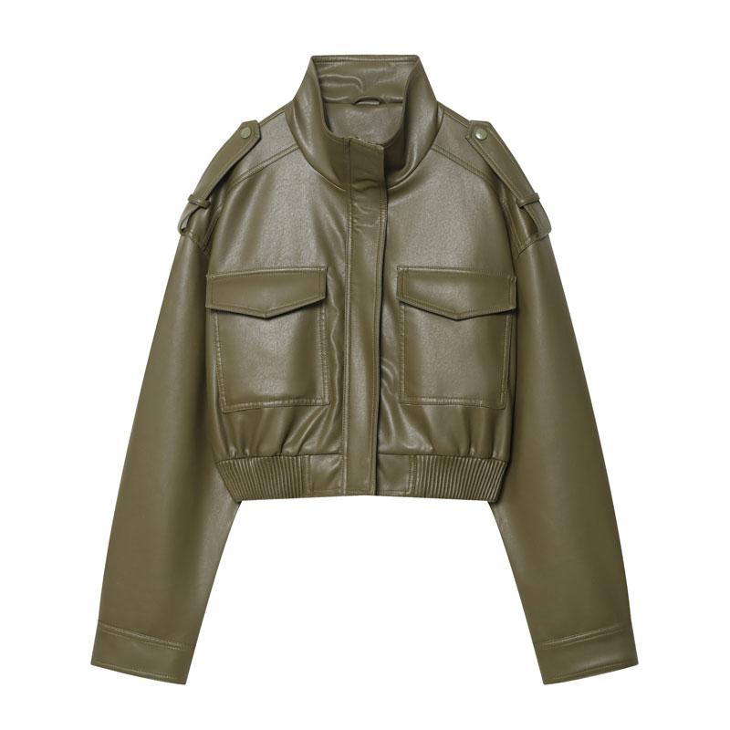 Women's Olive Green Faux Leather Bomber Moto Jacket with Stand Collar and Flap Pockets, Short Layered Streetwear Outerwear